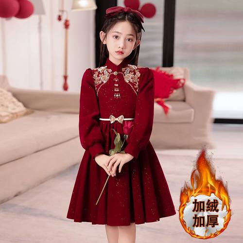 女童红色新年加绒公主裙