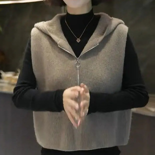 连帽高端马甲针织衫显瘦秋季套头舒适纯色慵懒风上衣半拉链女