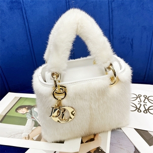 戴妃包进口水貂毛整皮全毛手提真皮草包2024新款 单肩斜挎高端奢侈