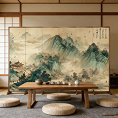 新中式 饰折屏可折叠山水画背景墙定制 屏风隔断客厅遮挡玄关茶室装