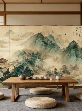 新中式屏风隔断客厅遮挡玄关茶室装饰折屏可折叠山水画背景墙定制