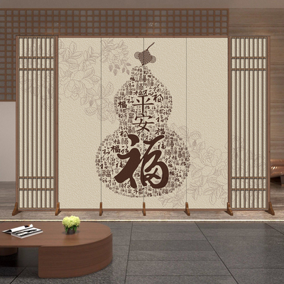 新中式屏风隔断荷花葫芦山水画家用客厅卧室书房酒店可折叠移动