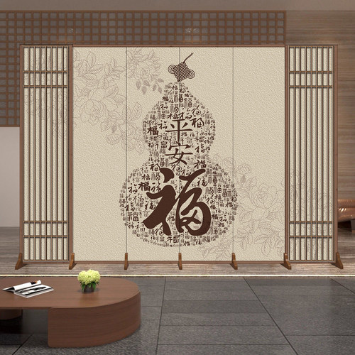 新中式屏风隔断荷花葫芦山水画家用客厅卧室书房酒店可折叠移动