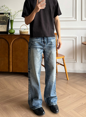 SUITEDALL深海蓝A字宽松直筒牛仔裤14oz立体猫须蜂窝百搭通勤长裤