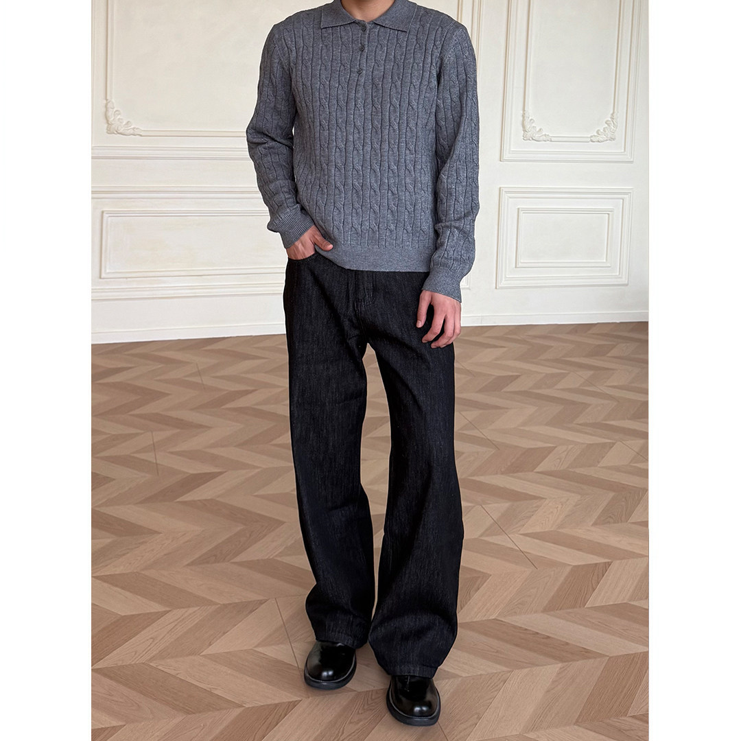 ALLFIT "2021M"原色黑牛仔裤 不褪色 宽松直筒微喇叭百搭牛仔裤男