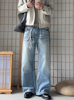 ALLFIT 水波纹A字直筒蓝牛13盎司宽松百搭休闲水洗扎花牛仔裤子男