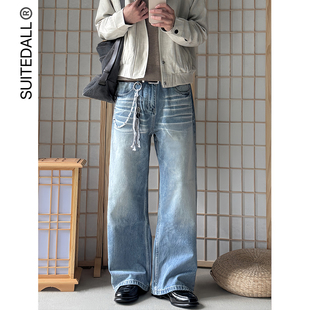 ALLFIT 水波纹A字直筒蓝牛13盎司宽松百搭休闲水洗扎花牛仔裤子男