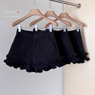 黑色设计感木耳边毛呢短裤 子 女秋冬高腰打底显瘦a字休闲外穿靴裤