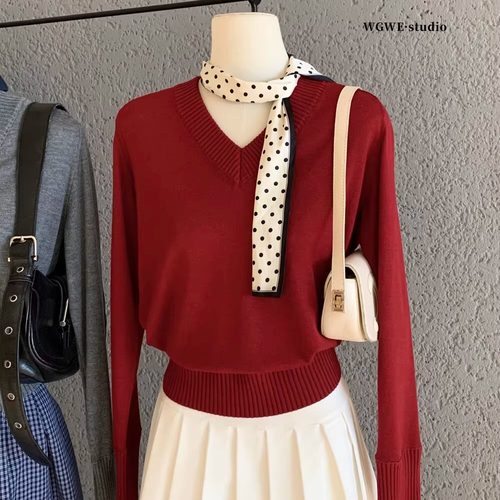 韩系V领长袖毛衣女秋冬内搭上衣