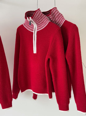 条纹翻领半拉链针织衫女春秋冬季新款宽松显瘦新年氛围感红色毛衣