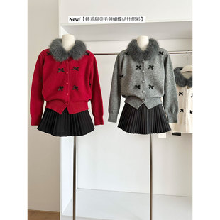 新年红色毛衣短外套上衣 秋冬宽松长袖 蝴蝶结毛毛领针织开衫 女春季