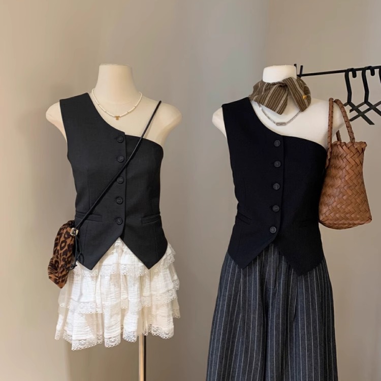 斜肩气质高腰显瘦背心西装马甲女