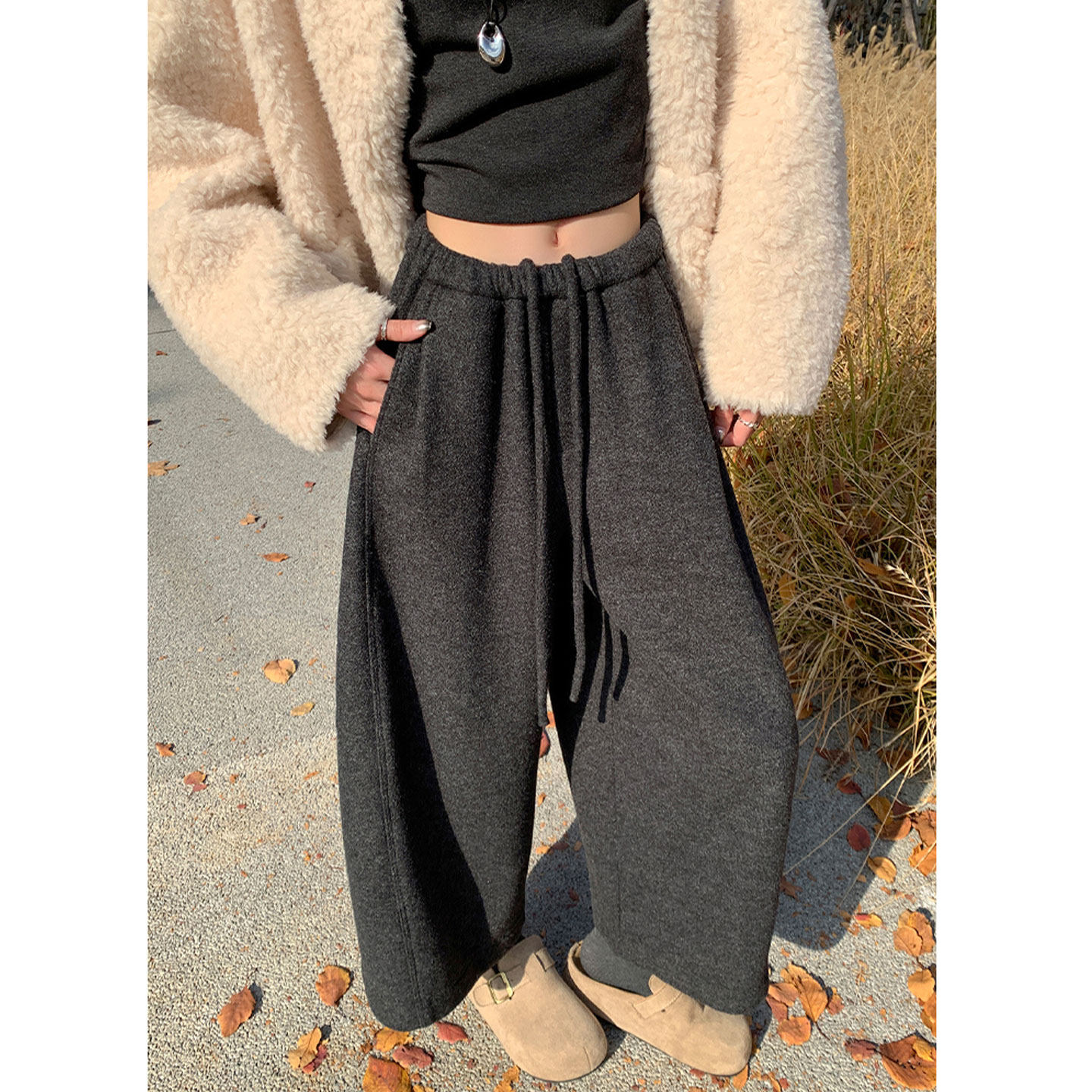超火灰色加绒八分毛呢休闲裤女2026春季新款慵懒小个子加厚阔腿裤,女装/女士精品,休闲裤,淘宝优惠券,粉丝福利购,淘宝优惠卷