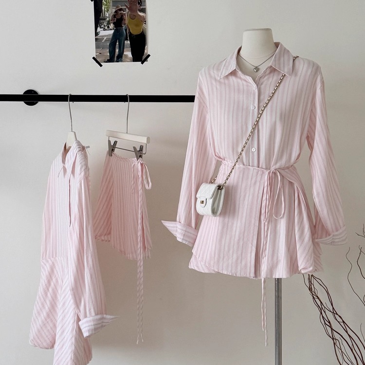 粉色条纹长袖收腰衬衫连衣裙女