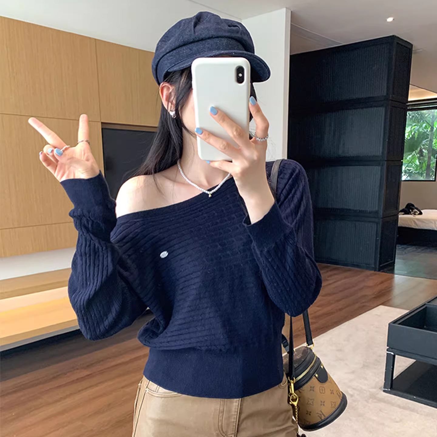 麻花毛衣一字肩羊毛针织打底衫女