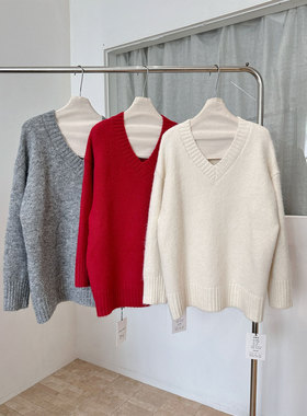 圣诞新年红！宽松v领红色套头毛衣女小个子外穿慵懒风针织衫上衣