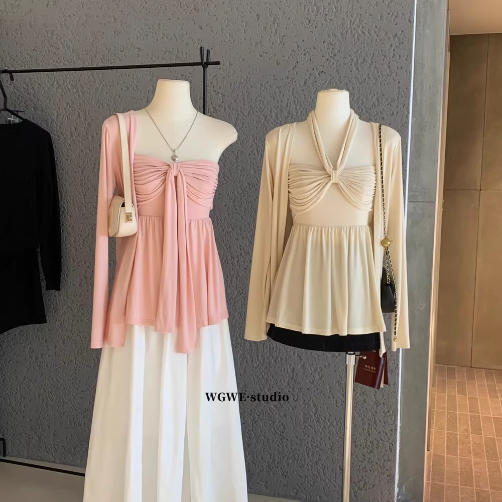 带胸垫挂脖抹胸背心+开衫外套