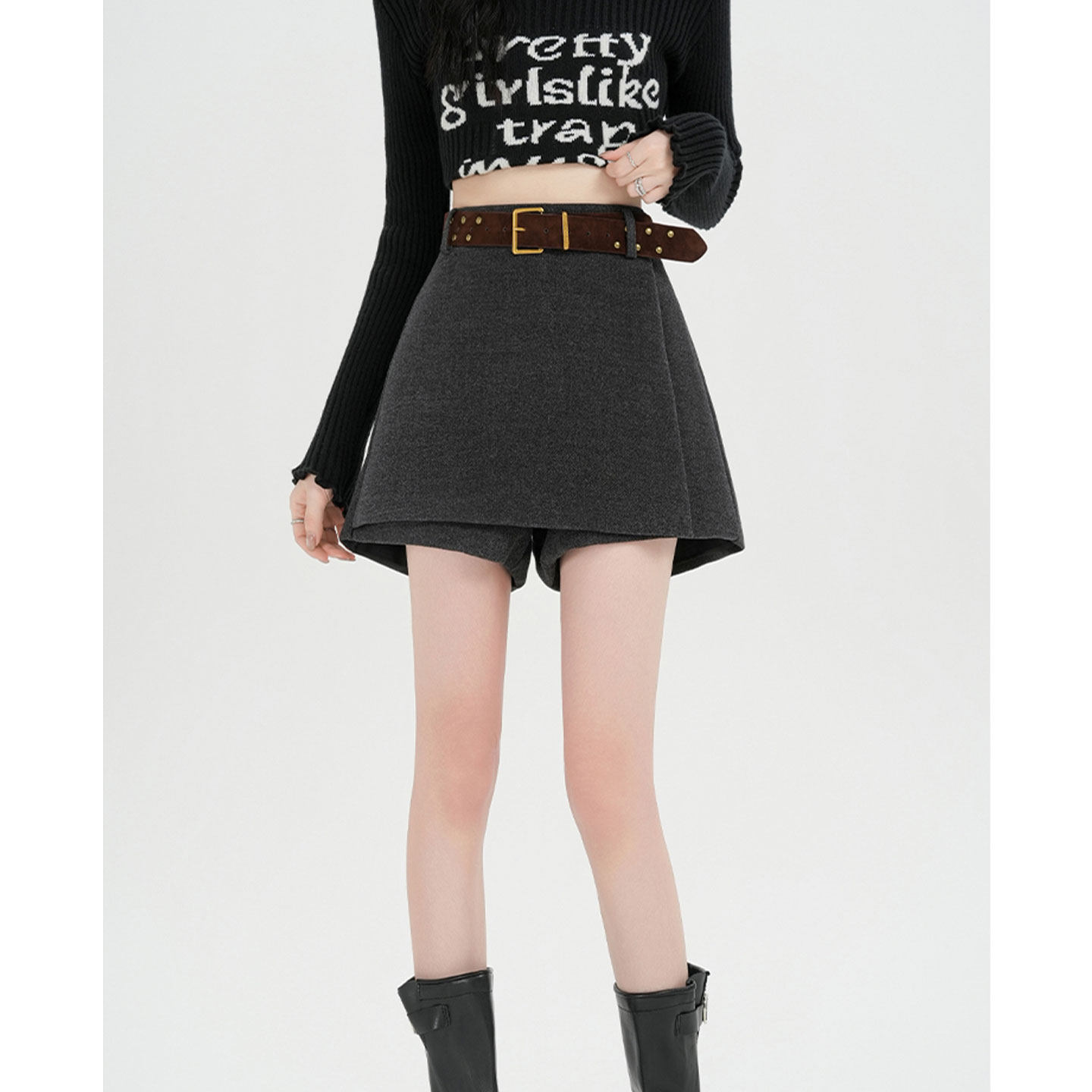 韩系复古咖色毛呢假两件半身裙裤女秋冬气质宽腰带阔腿休闲靴短裤,女装/女士精品,半身裙,淘宝优惠券,粉丝福利购,淘宝优惠卷