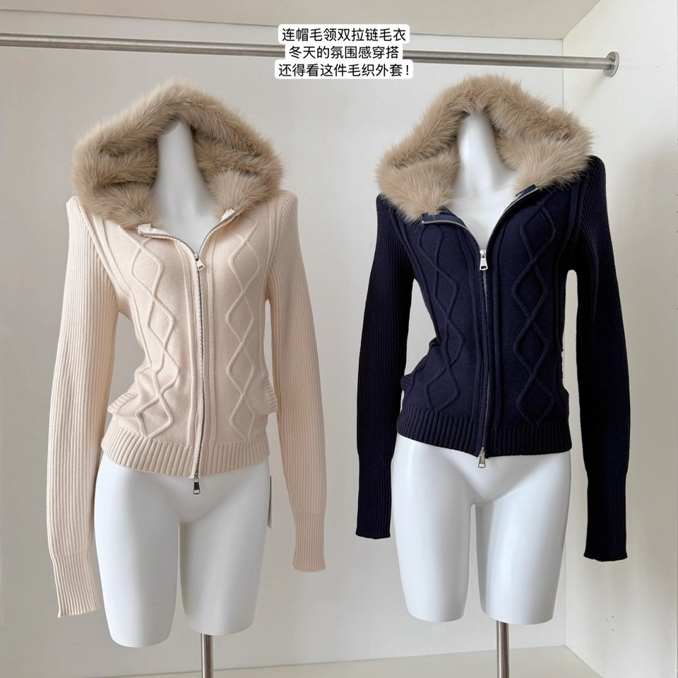 双拉链毛领修身连帽毛衣短外套女