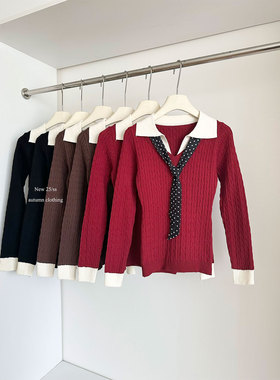 红色Polo领假两件针织衫女春季秋冬内搭修身长袖毛衣打底衫小上衣