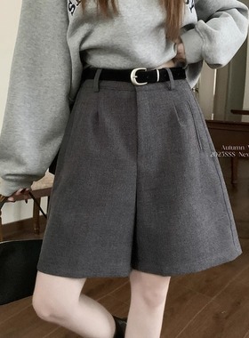 灰色高级高腰a字五分阔腿中裤女毛呢西装裤秋冬显瘦宽松休闲靴裤
