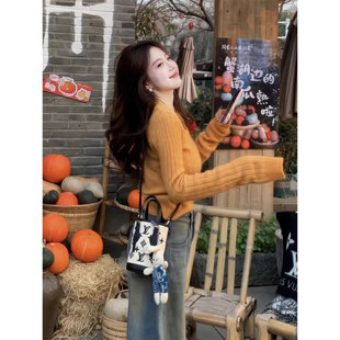 韩系橘色V领长袖针织衫女春秋独特漂亮毛衣内搭修身短款打底上衣