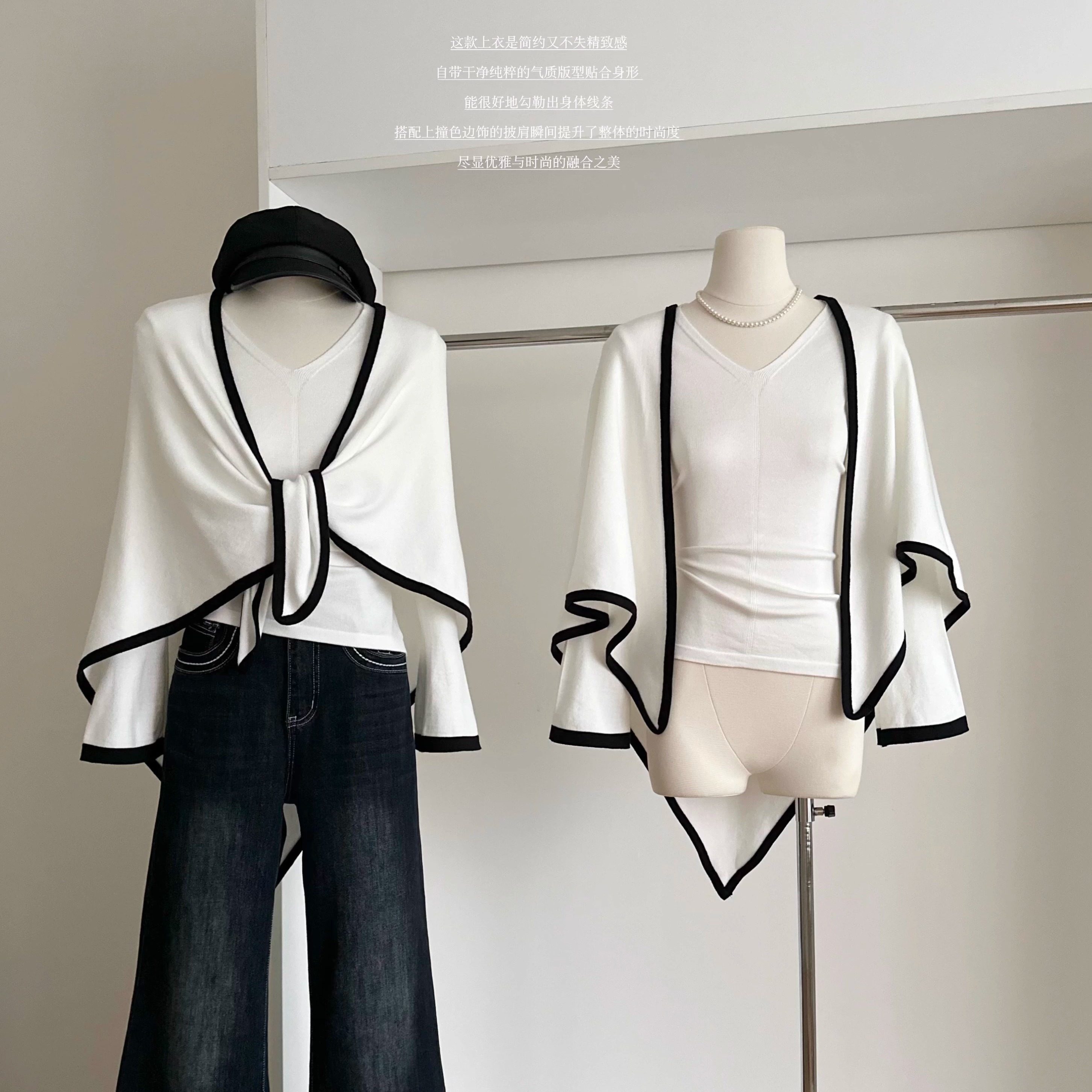 真两件长袖针织衫上衣+三角披肩