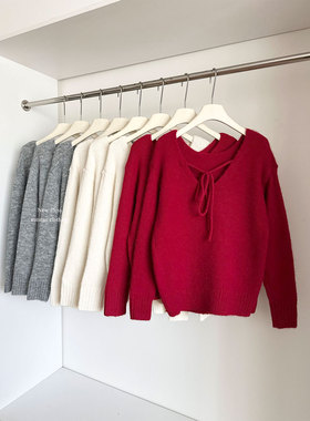 两面穿系带蝴蝶结套头保暖毛衣女装春季秋冬新年氛围感红色针织衫