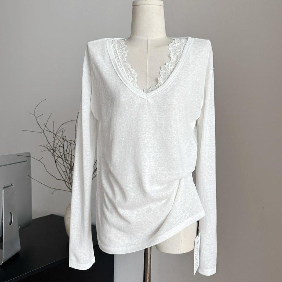 蕾丝露肩一字肩白色长袖T恤女装