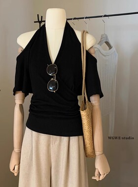 辣妹挂脖设计感露肩短袖T恤女夏日ootd穿搭松弛感宽松漂亮小上衣