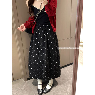 韩系黑白波点花苞裙女2026春季新款绝美巨好看的夹棉a字半身裙子