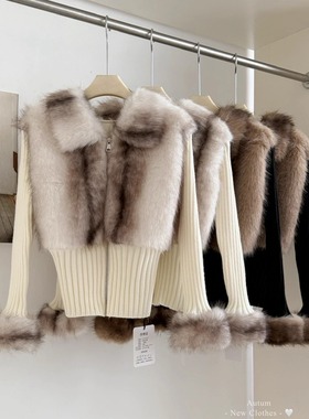 2025皮草拼接假两件翻领长袖毛衣外套女秋冬气质修身短款针织开衫