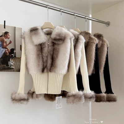 皮草拼接假两件翻领长袖毛衣外套