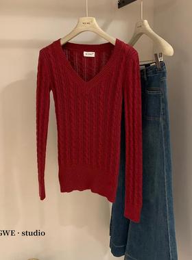 红色V领长袖麻花毛衣薄款上衣女春秋冬新修身气质显瘦打底针织衫