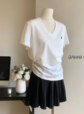 callmeear//氧气呼吸V领短袖T恤女夏季休闲韩版刺绣白色上衣