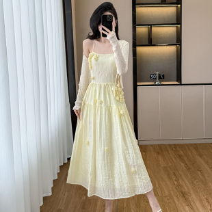 收腰两件套气质长裙 修身 韩系温柔风立体花朵吊带连衣裙女夏季 新款