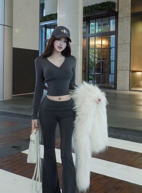 实拍实价V领修身上衣微喇休闲长裤套装
