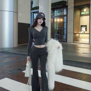 套装 实拍实价V领修身 上衣微喇休闲长裤