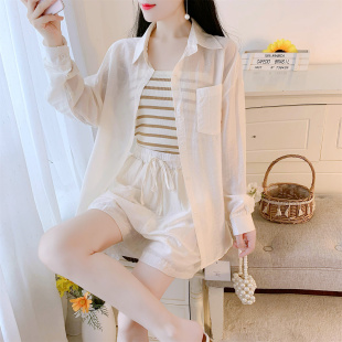 套装 夏季 三件时尚 防晒上衣外套＋吊带＋短裤 女 简约通勤长袖