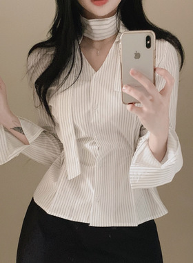 尺寸已更新 韩国chic 小众V领飘带收腰百搭上衣条纹衬衣