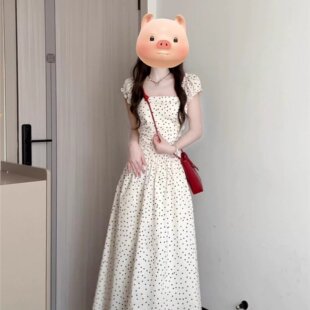 韩版 A字裙别致设计感通勤杏色波点连衣裙 宽松中长款