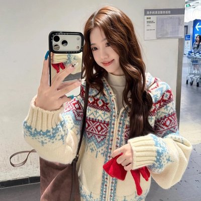 韩国圣诞连帽厚毛衣开衫秋冬女米色费尔岛毛衫加厚长袖毛织外套