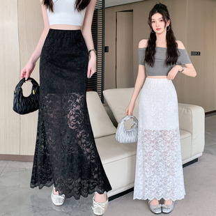 黑色蕾丝鱼尾半身裙女夏季 气质高腰显瘦垂感a字网纱长裙 2026新款