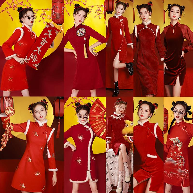 新年大人服女拜年过年加厚红色�女装喜庆战袍旗袍改良�冬季唐装