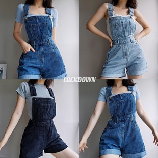 女 热裤 LOCKDOWN自制欧美风复古高腰修身 显瘦翻边阔腿牛仔背带短裤