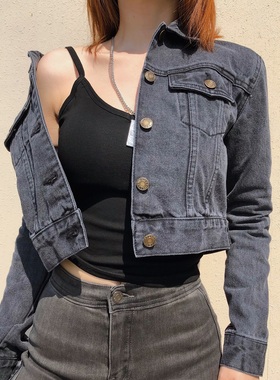 敲洋气 修身水洗做旧欧美复古风短外套烟灰色高腰短款牛仔夹克女