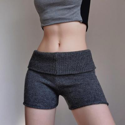 LOCKDOWN设计感翻边宽腰头超短裤女修身弹力针织卷边毛线低腰热裤
