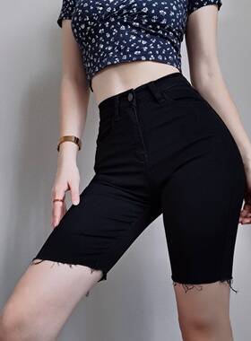 小个子高腰牛仔短裤女夏季新款直筒港味紧身黑色五分骑行中裤子潮