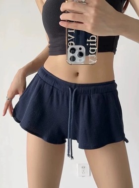 美式复古抽绳松紧腰超短裤女度假街头BM风华夫格低腰辣妹小短裤