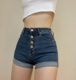 型 显瘦包臀热裤 美式 女修身 复古四粒扣高腰翻边牛仔短裤 自制好版